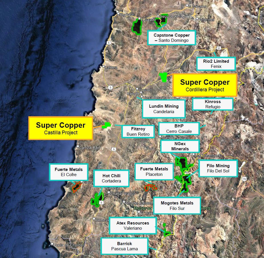 Map showing Super Copper's Castilla and Cordillera Cobre projects alongside major copper operations in Chile's Atacama region including Capstone Copper, BHP, NGEx Minerals, Filo Mining, and Barrick